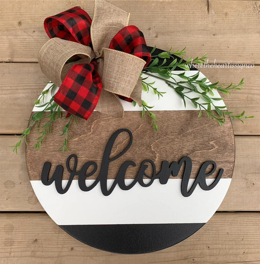 16 inch Welcome door hanger Red/black buffalo plaid bow